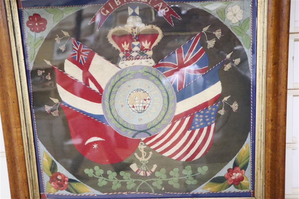 Early 20th century woolwork Gibraltar panels and Lucknow Heroes, largest 42 x 45cm